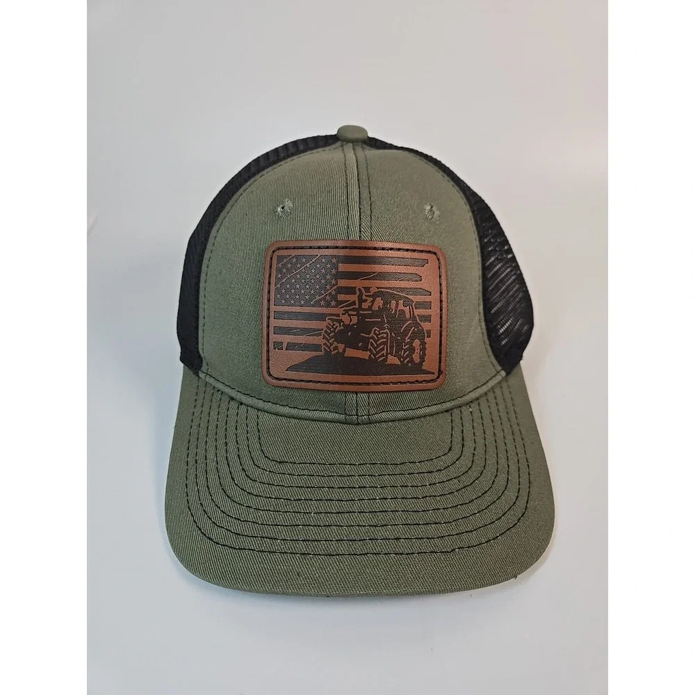 USA Flag Leather Patch Tractor Trucker Hat Baseball Cap Green ~ New ~